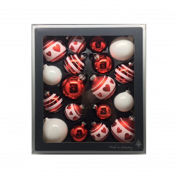 18 teiliges Glassortiment, Dekor: Herzband Rot - Weiß Emaille, handdekoriert