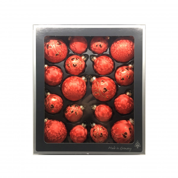 18 teiliges Glassortiment, Dekor: Herzranke Rot Eis, handdekoriert