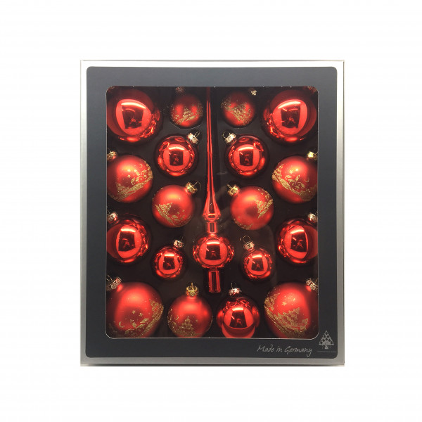 19 teiliges Glassortiment mit Spitze, Dekor Winterlandschaft Rot Glanz/Matt